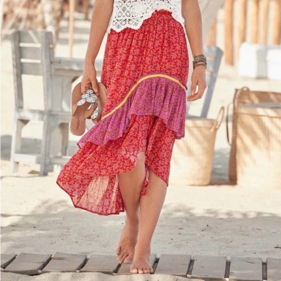 Sundance Nami Ruffled Floral Cotton Tiered Midi Skirt Size Petite Large - Picture 5 of 10